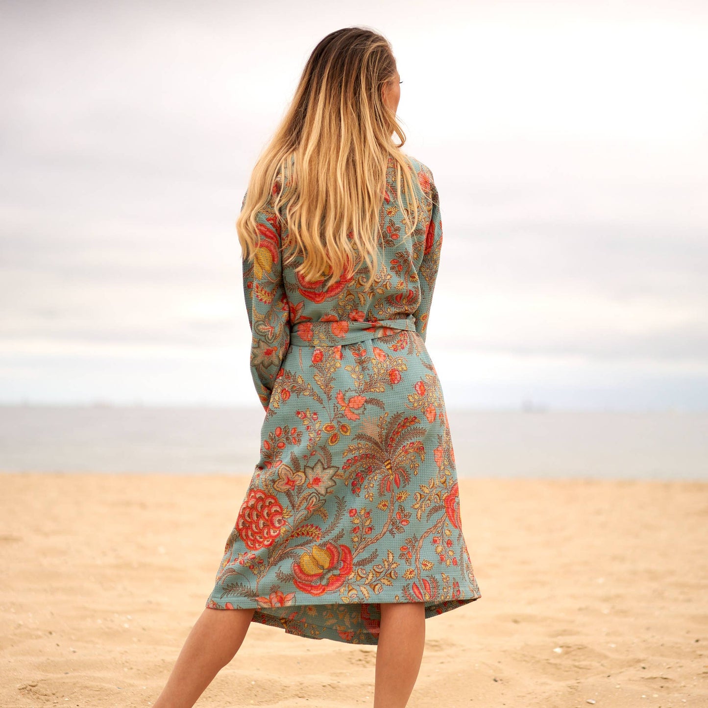 Linen Connections - Cotton Kimono Bathrobe Frida Waffle Robes Blue Floral Print