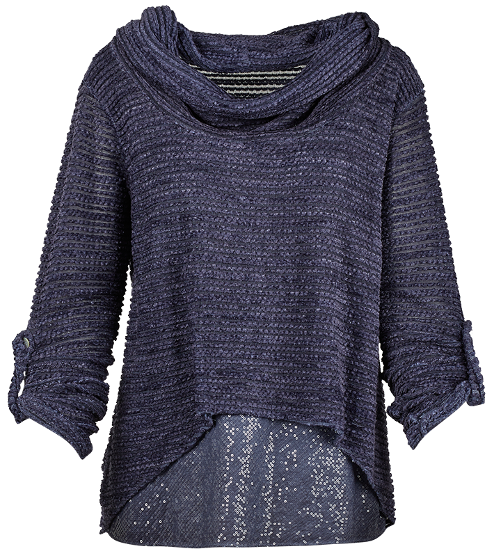 M Made In Italy - Sequin-Contrast Layered Cowl Neck Top Plus Size: Navy / 1X