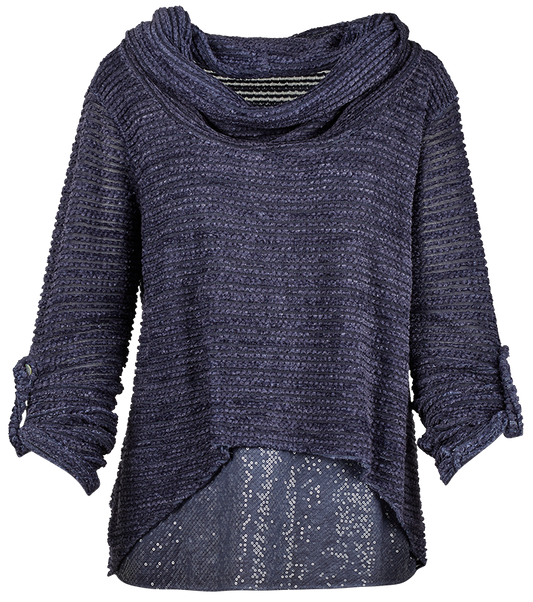 M Made In Italy - Sequin-Contrast Layered Cowl Neck Top Plus Size: Navy / 1X