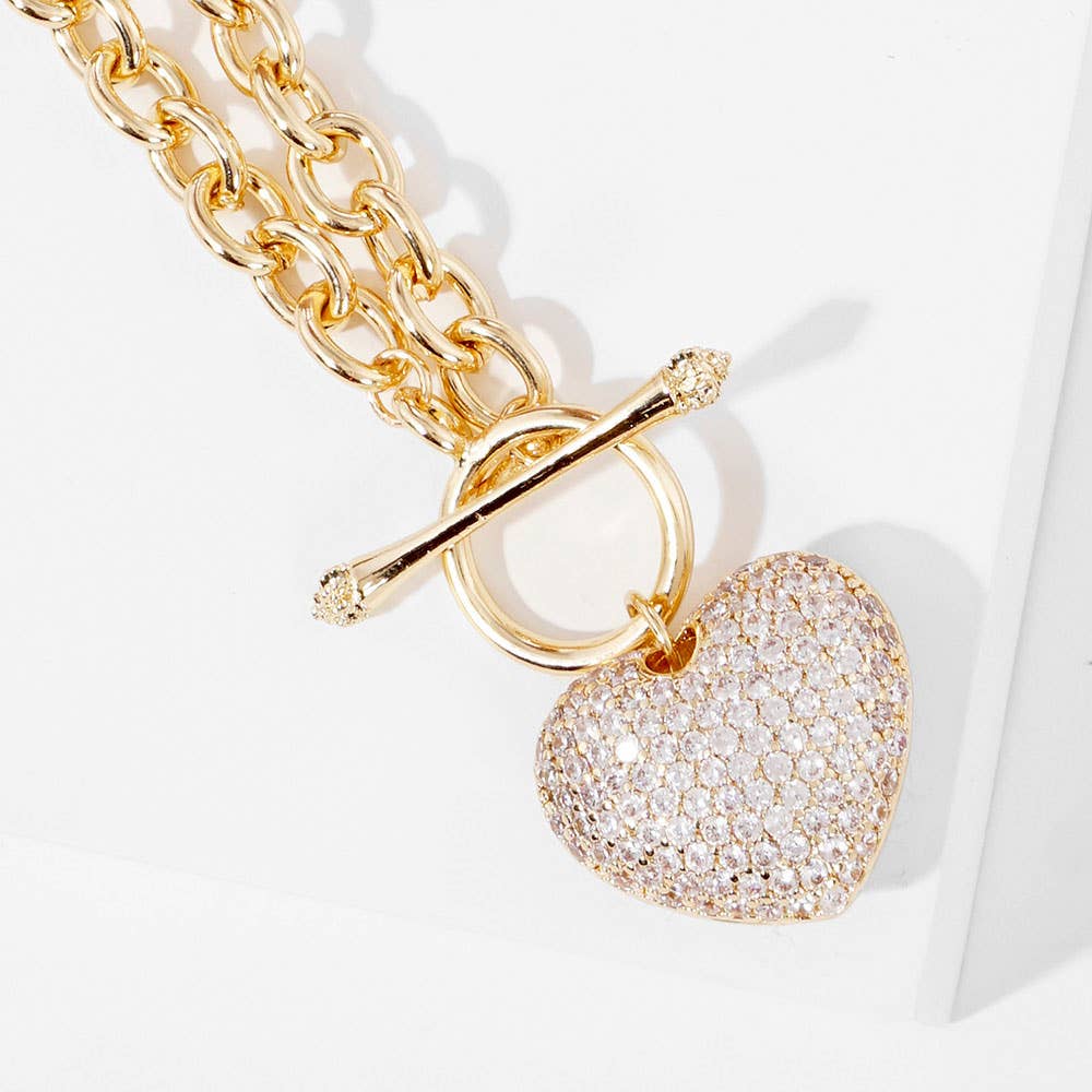 Sensibling Corp. - Gold Dipped CZ Pave Heart Pendant Toggle Necklace: Gold