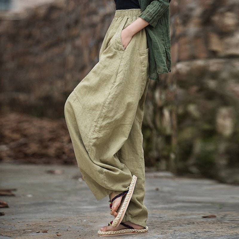 UZ Wholesale Store - Women's Loose-Fitting Linen & Cotton Ramie Sand-Fried Medita: GREEN / FREE SIZE