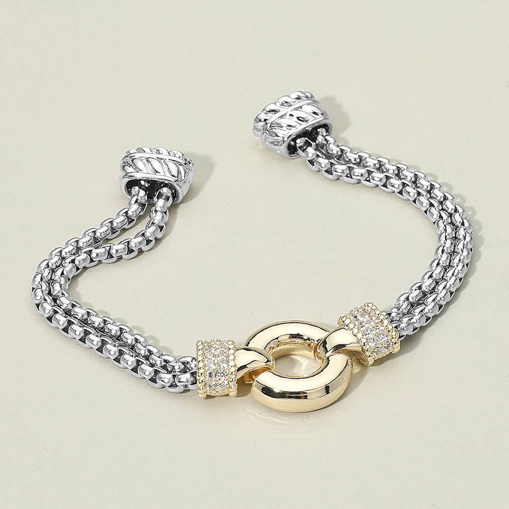 Sensibling Corp. - 14K Gold Plated CZ Stone Paved Circular Centerpiece Dual Chain Magnetic Bracelet