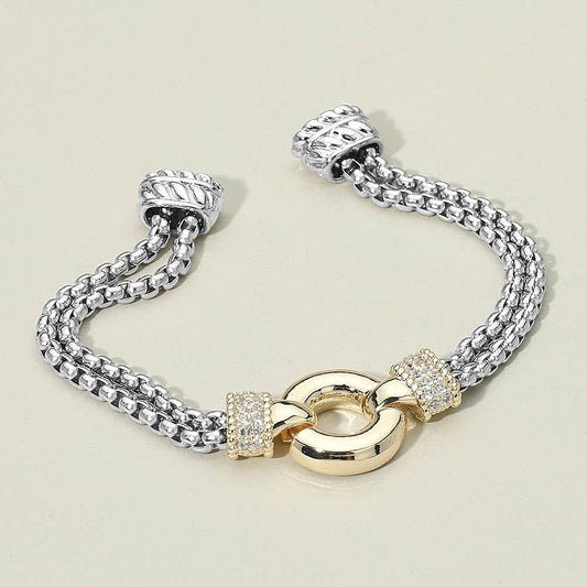 Sensibling Corp. - 14K Gold Plated CZ Stone Paved Circular Centerpiece Dual Chain Magnetic Bracelet