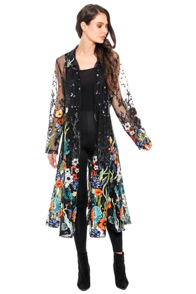Adore - T417BK - Long Black Embroidered Sheer Duster: S