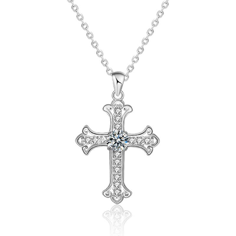 Perimade & Co. LLC - Moissanite Cross Pendant Necklace in 925 Sterling Silver: 0.5 ct / 45 cm chain