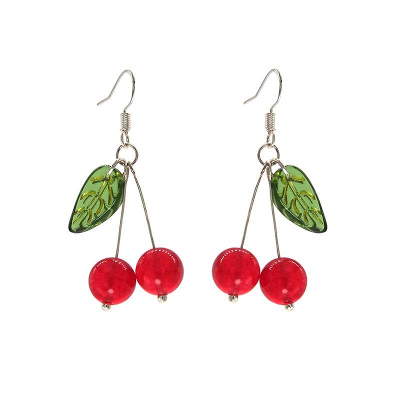 Haengseongworkshop - S925 Cherry Fruit Dangle 8mm Red Jade 15mm Leaves Earrings