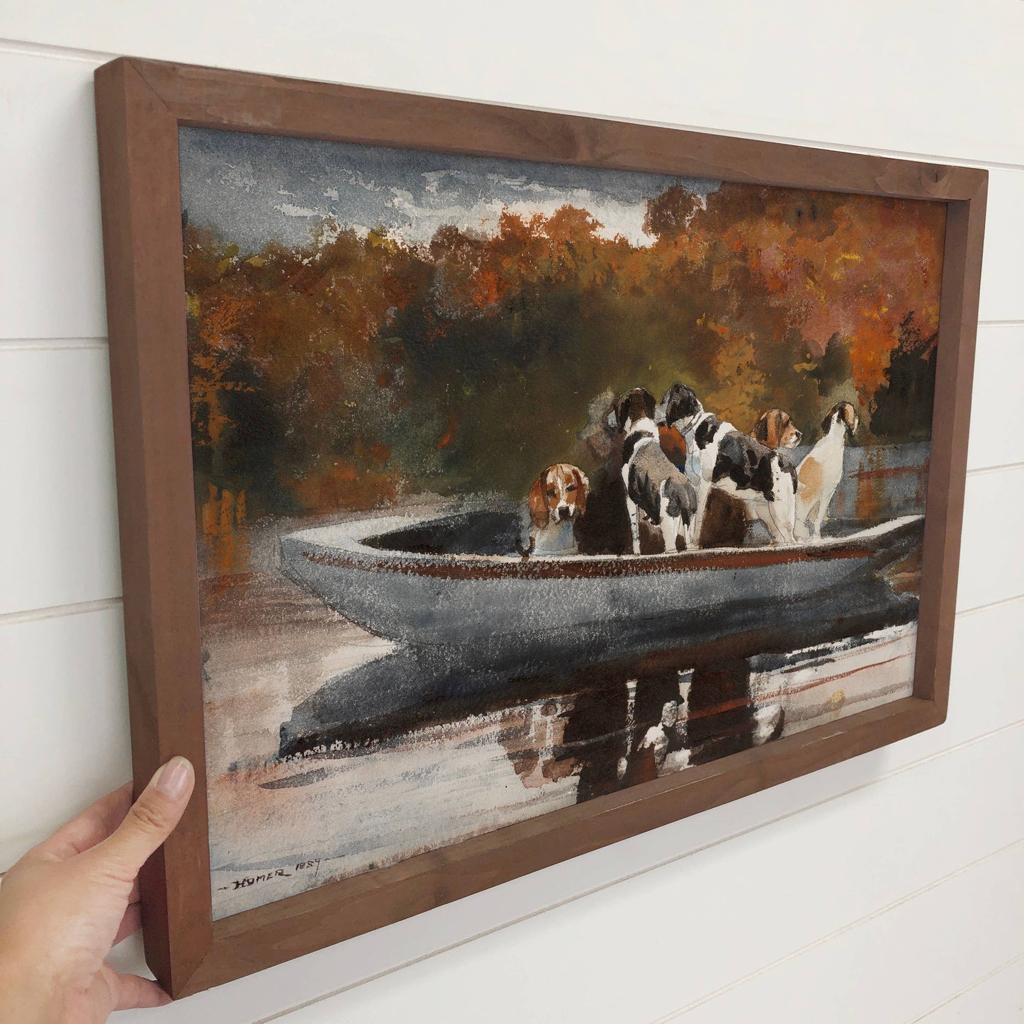 Hangout Home - Hunting Dogs on a Boat - Dog canvas Wall Art - Wood Framed: 24x36" Extra Large Canvas Art with Thick Wood Frame