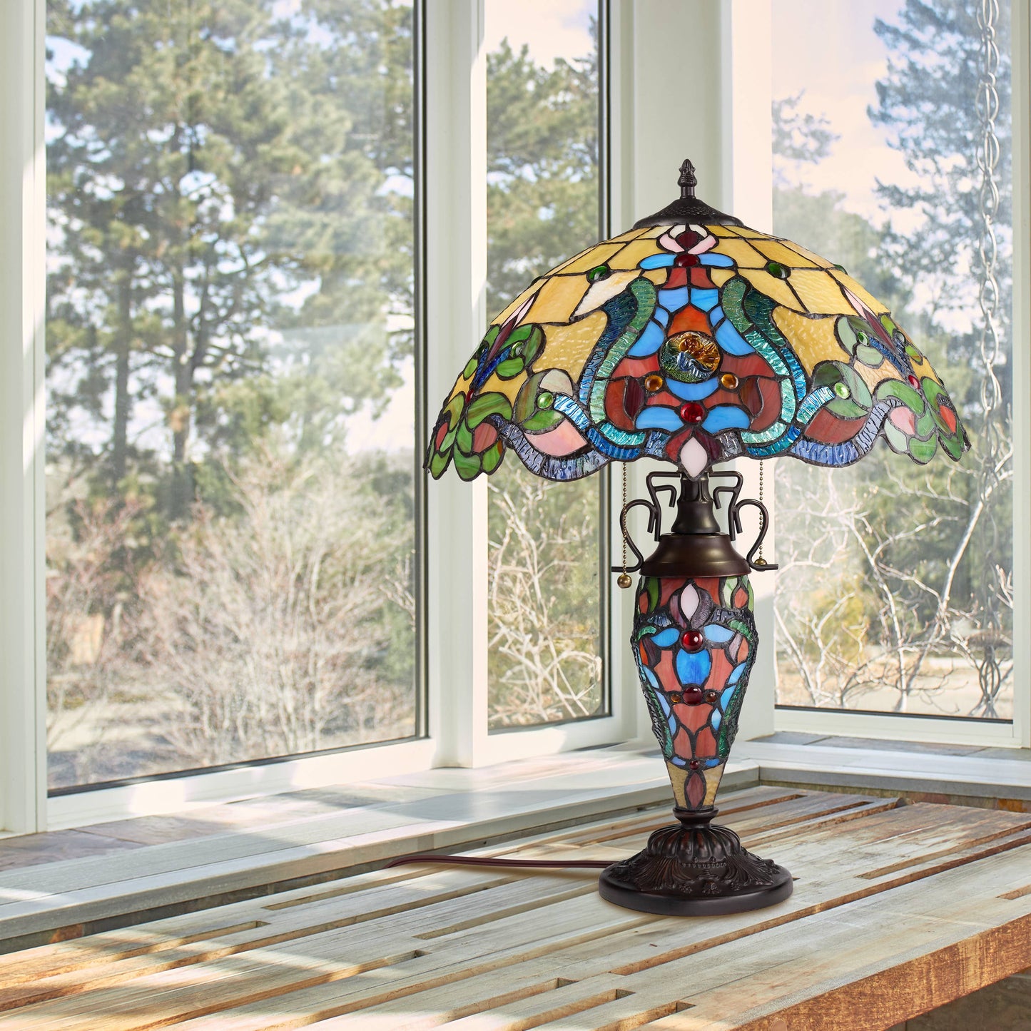 River of Goods - 24"H Double Lit Amber Tiffany Style Stained Glass Table Lamp