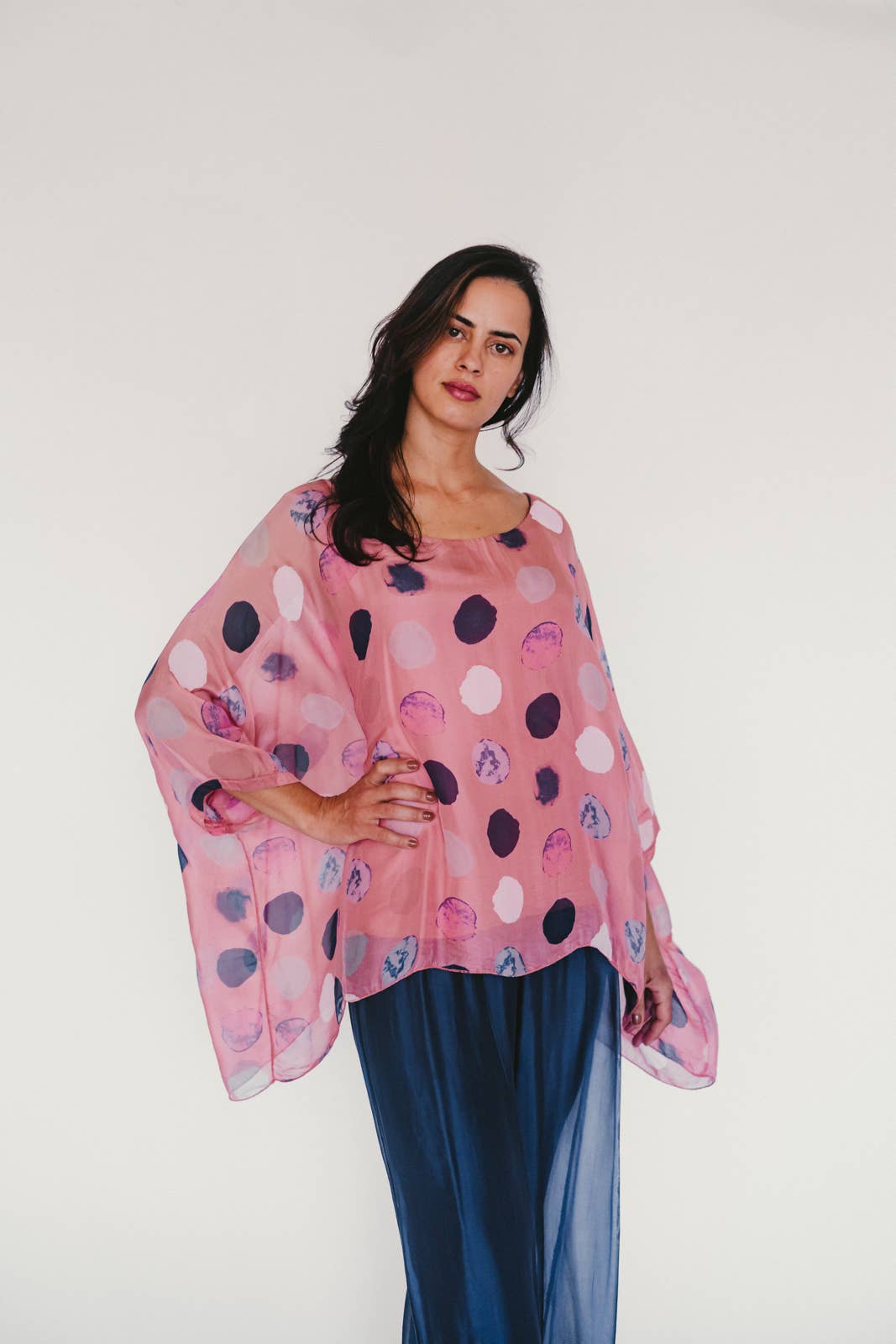 Dance in Paris - Top Flowy Silk with Dots: One Size / Denim Blue