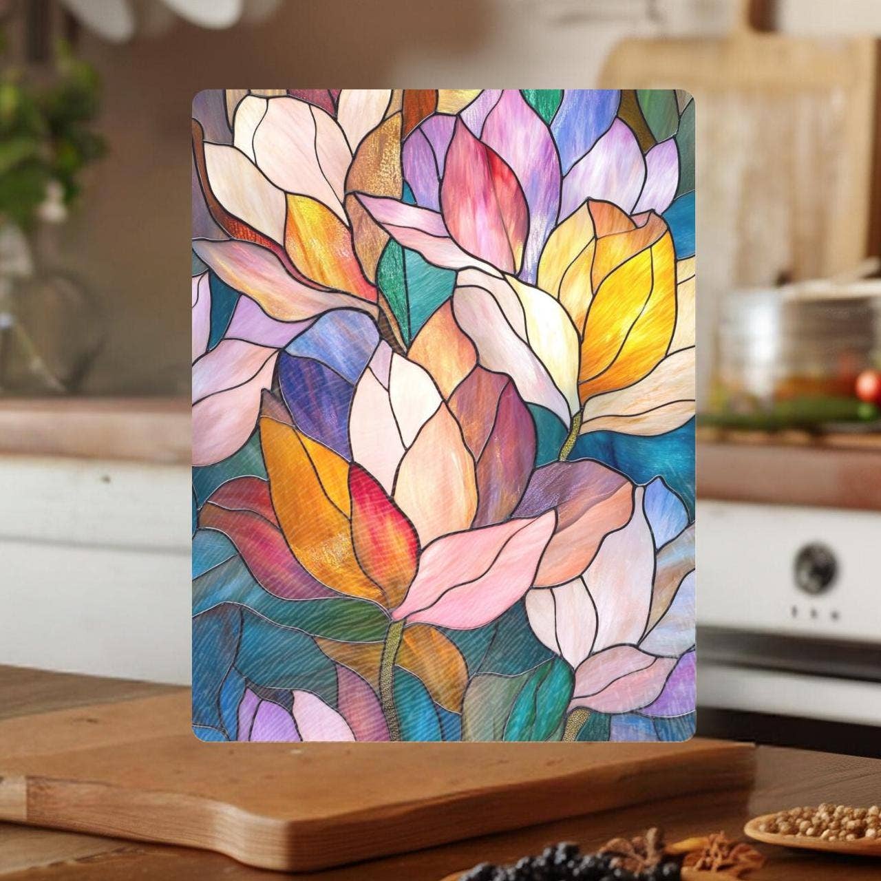 Fernville Creations - Imitation Stained Glass Flower Charcuterie Serving Tray: 12x15 Inch