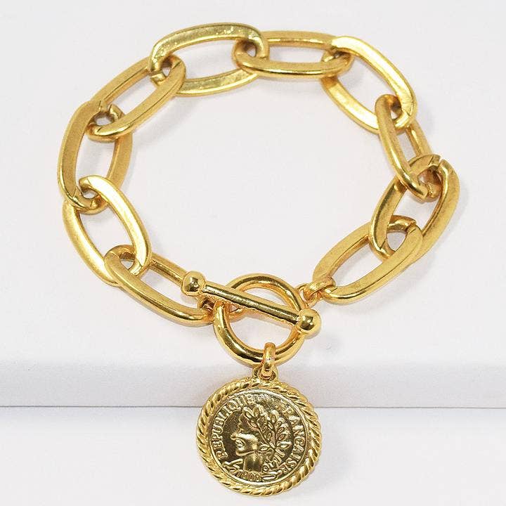 KARINE SULTAN - Elongated link layering bracelet with coin charm dangle