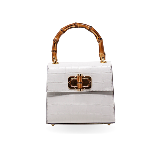 German Fuentes Handbags - GF1922 GENUINE ITALIAN LEATHER BAMBOO HANDLE BAG: WHITE