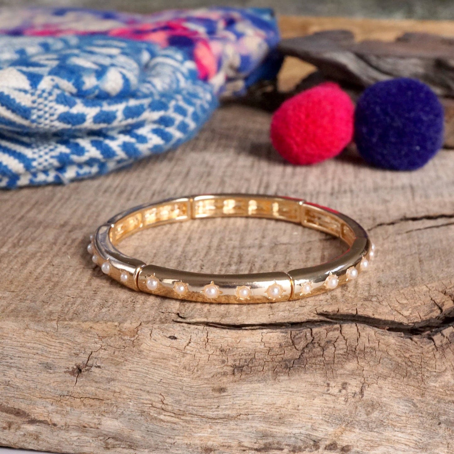 PennyLine inc - Gold-Tone Eternity Stretch Bangle – Pearls, Turquoise, or Crystals: Skinny - Clear Crystals