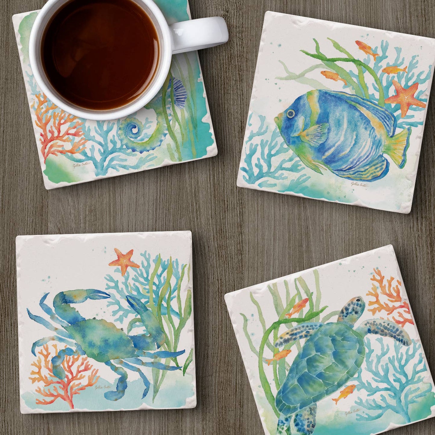 CounterArt/Highland Home/Thirstystone - Sea Life Serenade Assorted Image Tumbled Tile Coaster 4 Pack