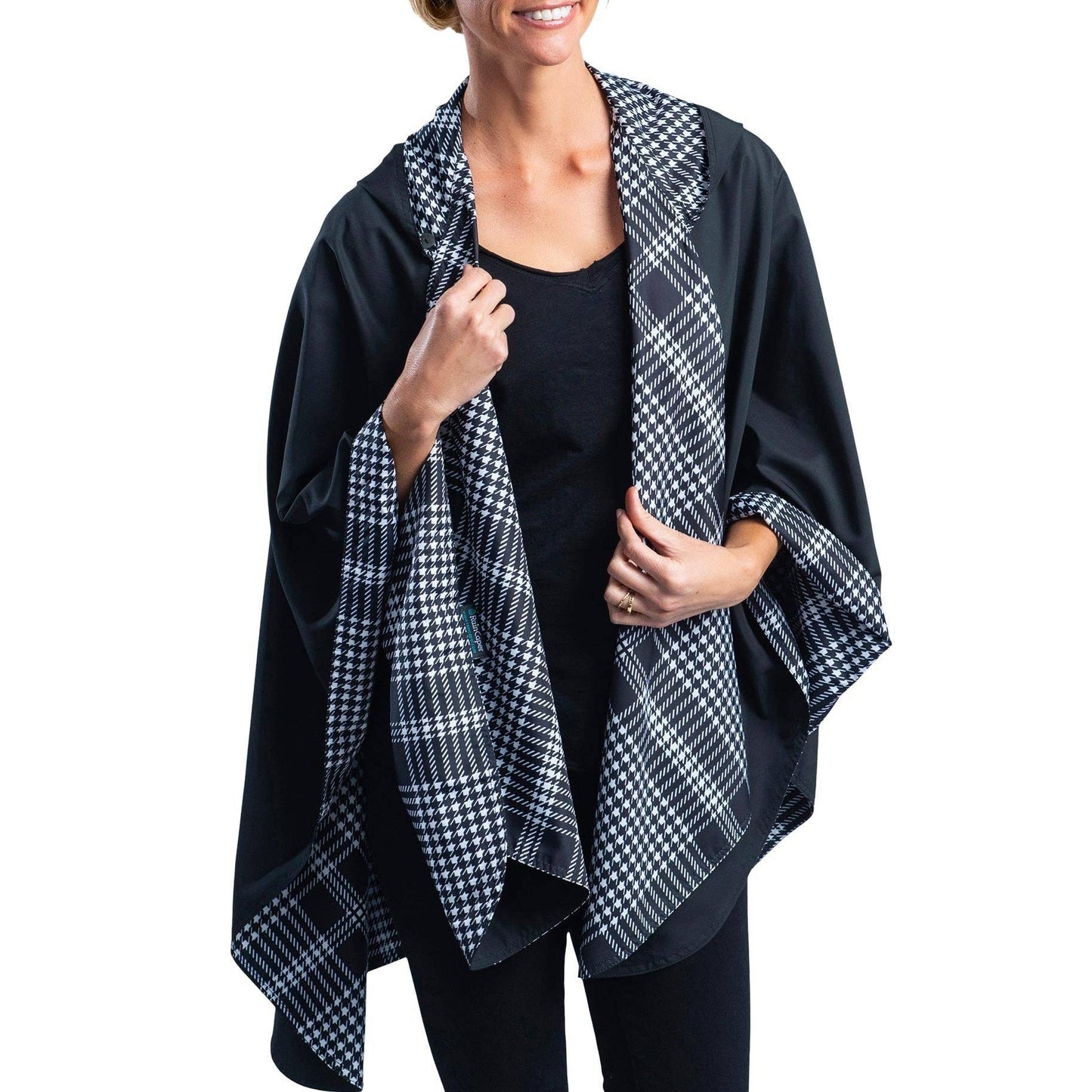 RainCaper - Black & Houndstooth Hooded Rain Cape – Lightweight Women's Rain Wrap