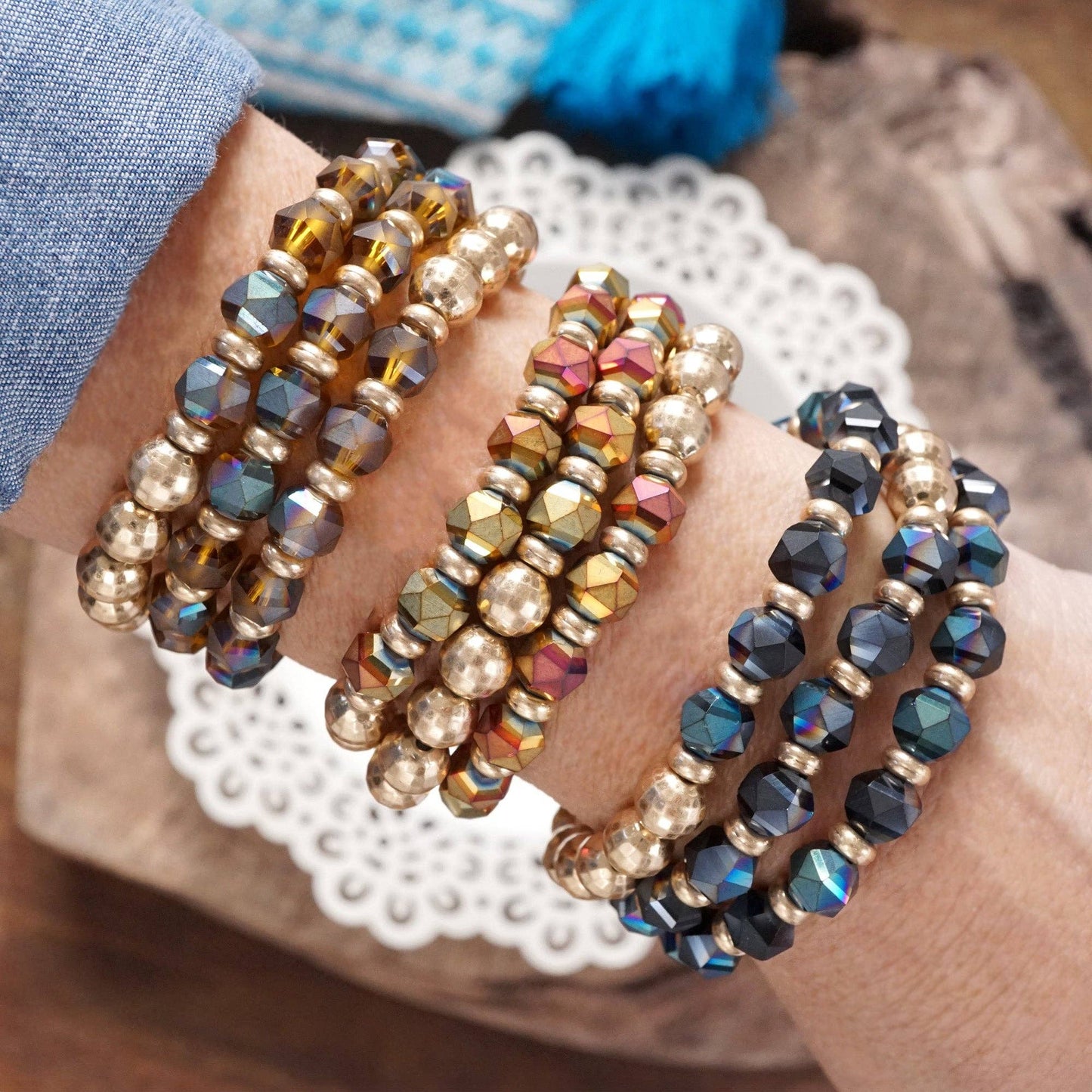 PennyLine inc - Festive Stretchy Beaded bracelet Sets - Gold, Black, Brown, Red: Natural Brown and Green