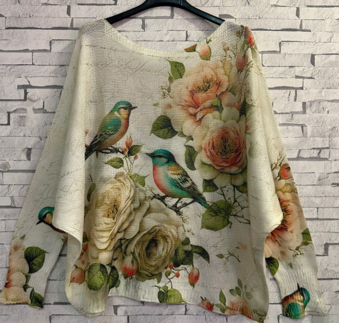 LOOWIE -  Z749 Beige Birds Round Knit Printed Sweater LOOWIE