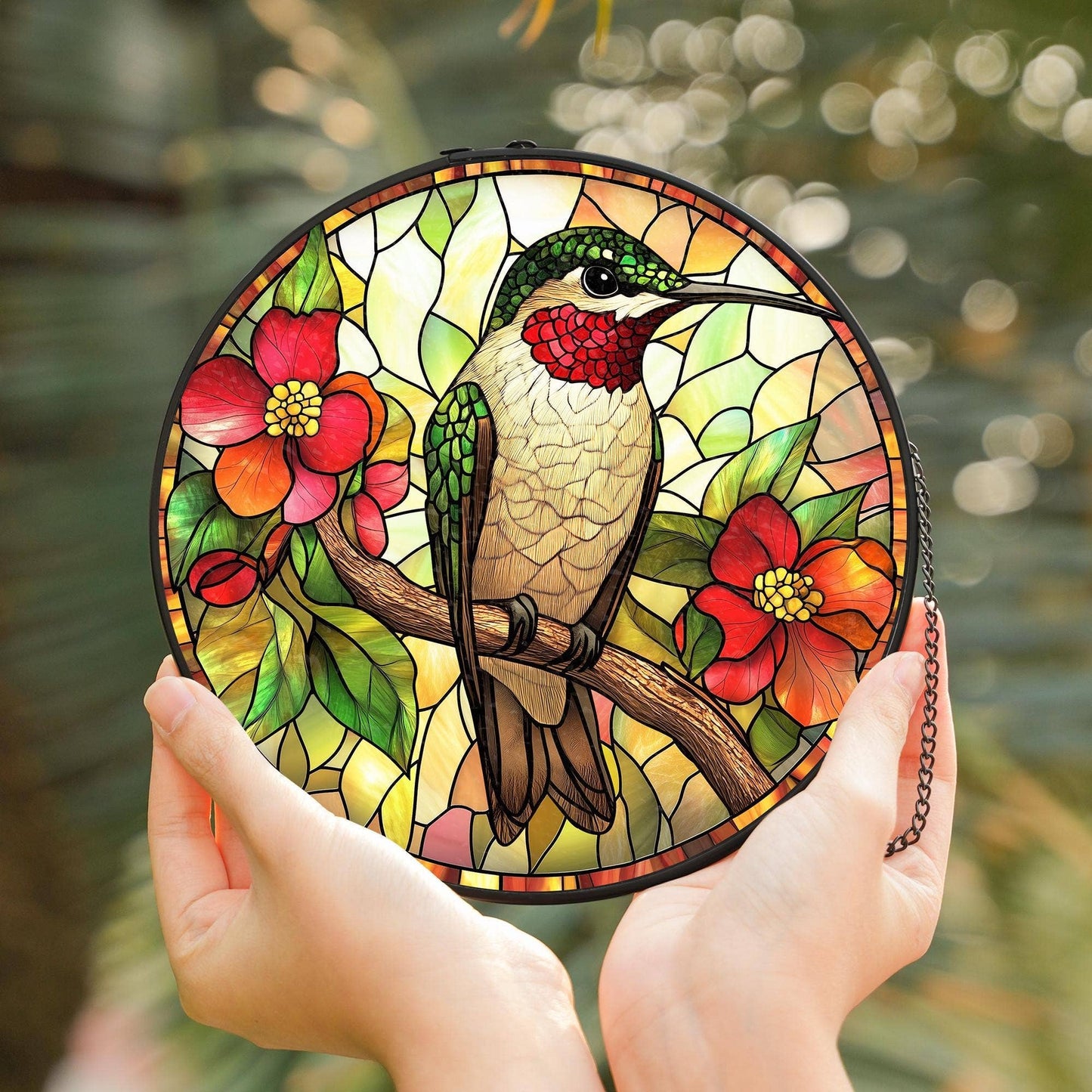 NVC Ecommerce LLC - Hummingbird Stained Glass Suncatcher, Bird Watching Decor: 11.8in