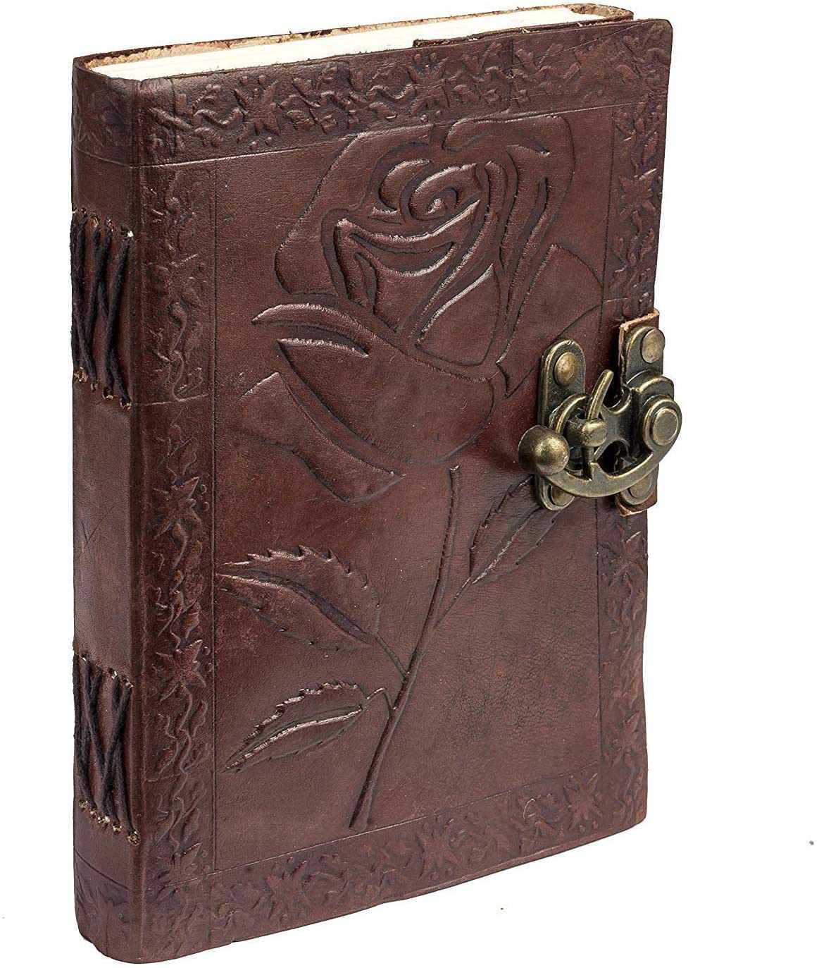 Tuzech Leather - TUZECH Genuine House Leather Journal Notebook Vintage Style Diary with Engraved Rose Brown (7 Inches)