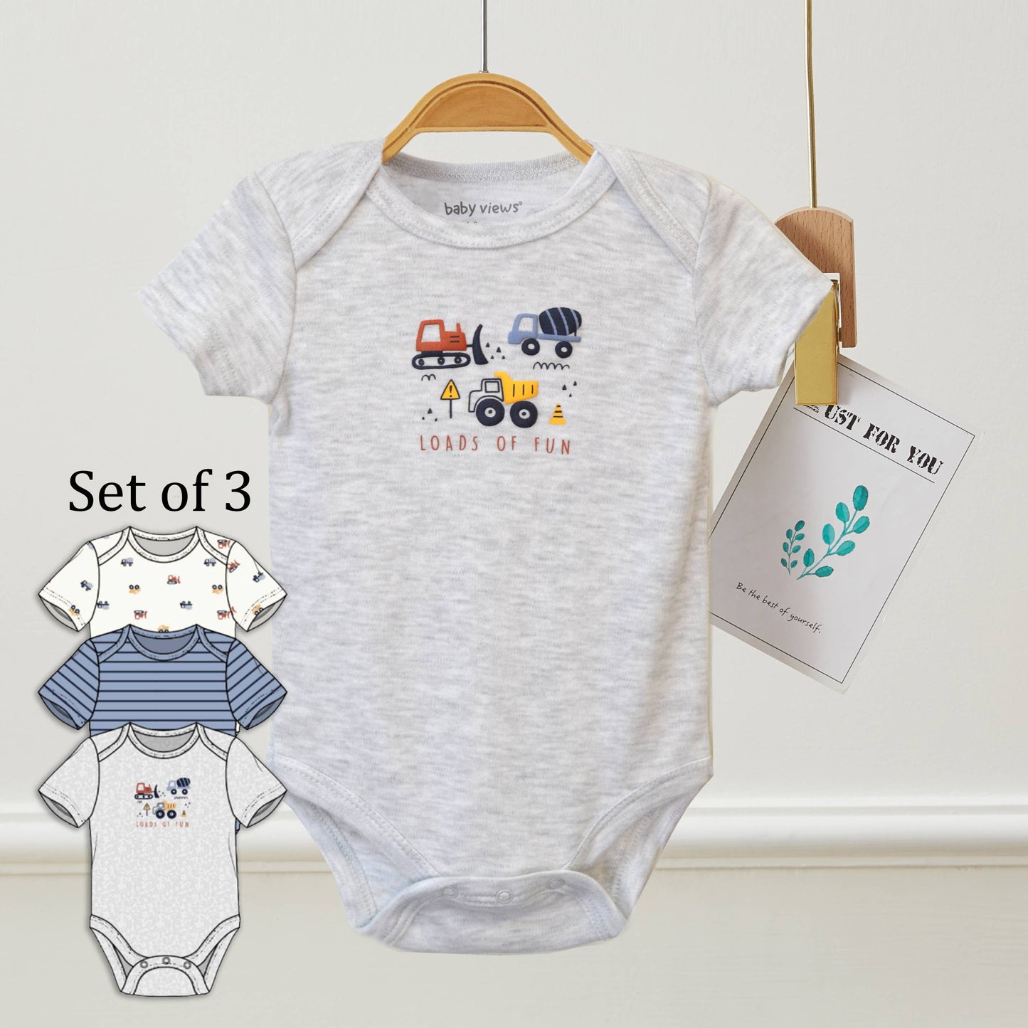 Lollipop Dreams - Pack of 3 Baby Loads of Fun Cars Pattern Bodysuits : 3-6M