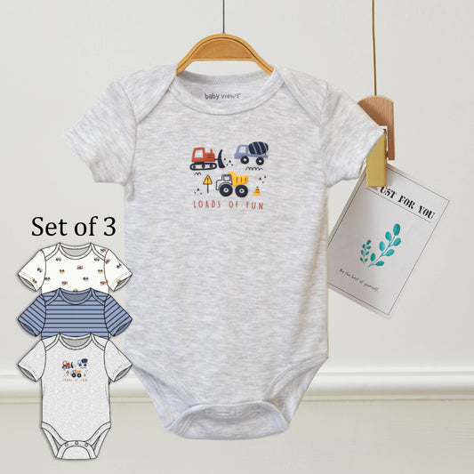 Lollipop Dreams - Pack of 3 Baby Loads of Fun Cars Pattern Bodysuits : 6-9M