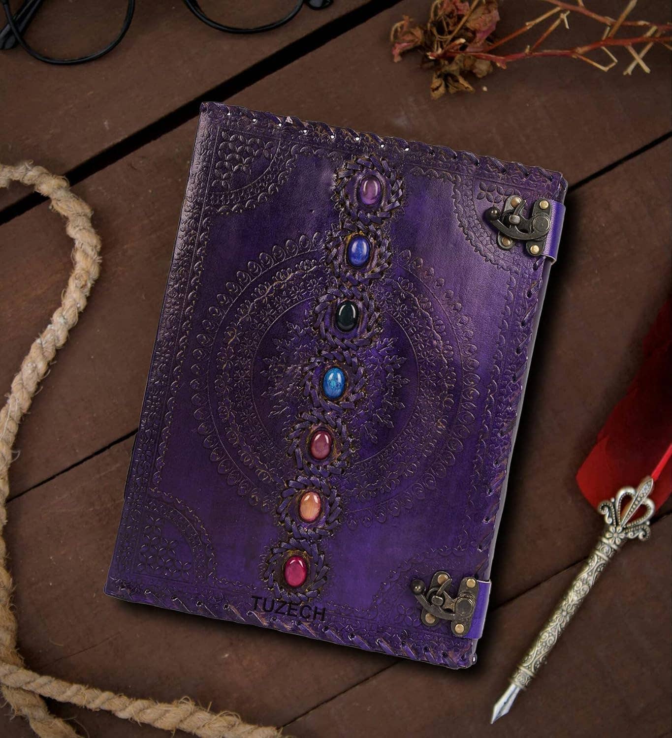 Immart Global LLC - Seven Chakra Leather Journal – Handmade Embossed Diary 13": Orange / Unlined