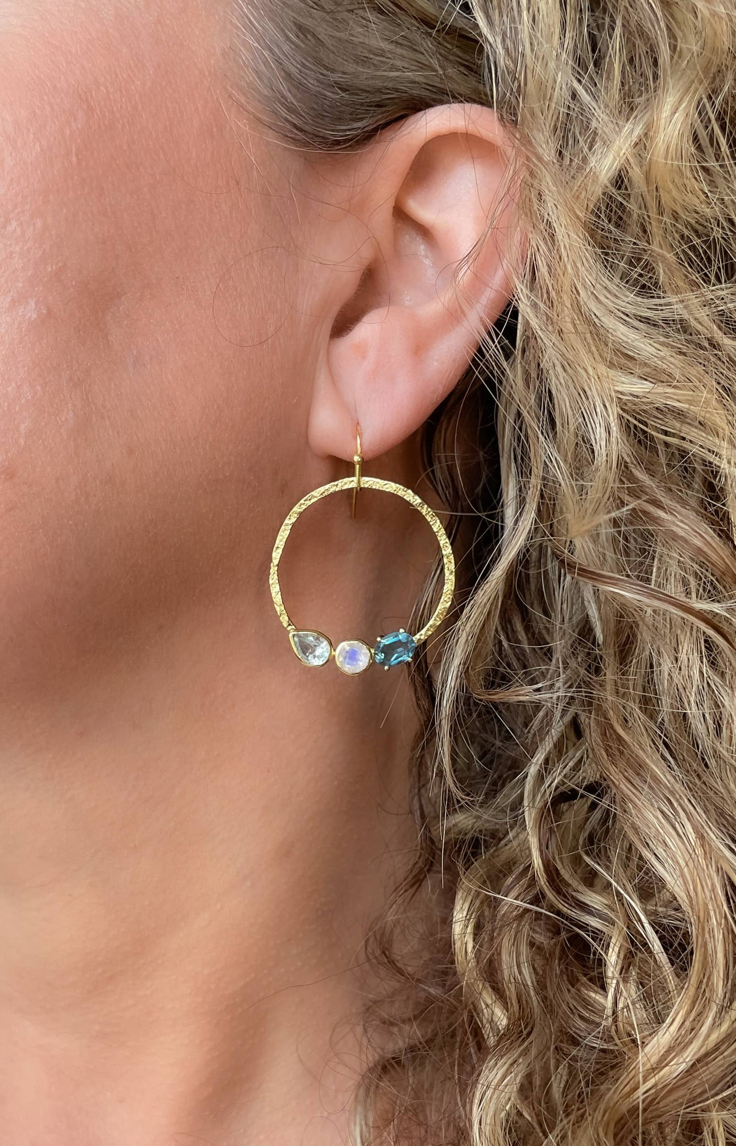 AJS Design Studio - Hammered hoops with blue topaz and moonstone