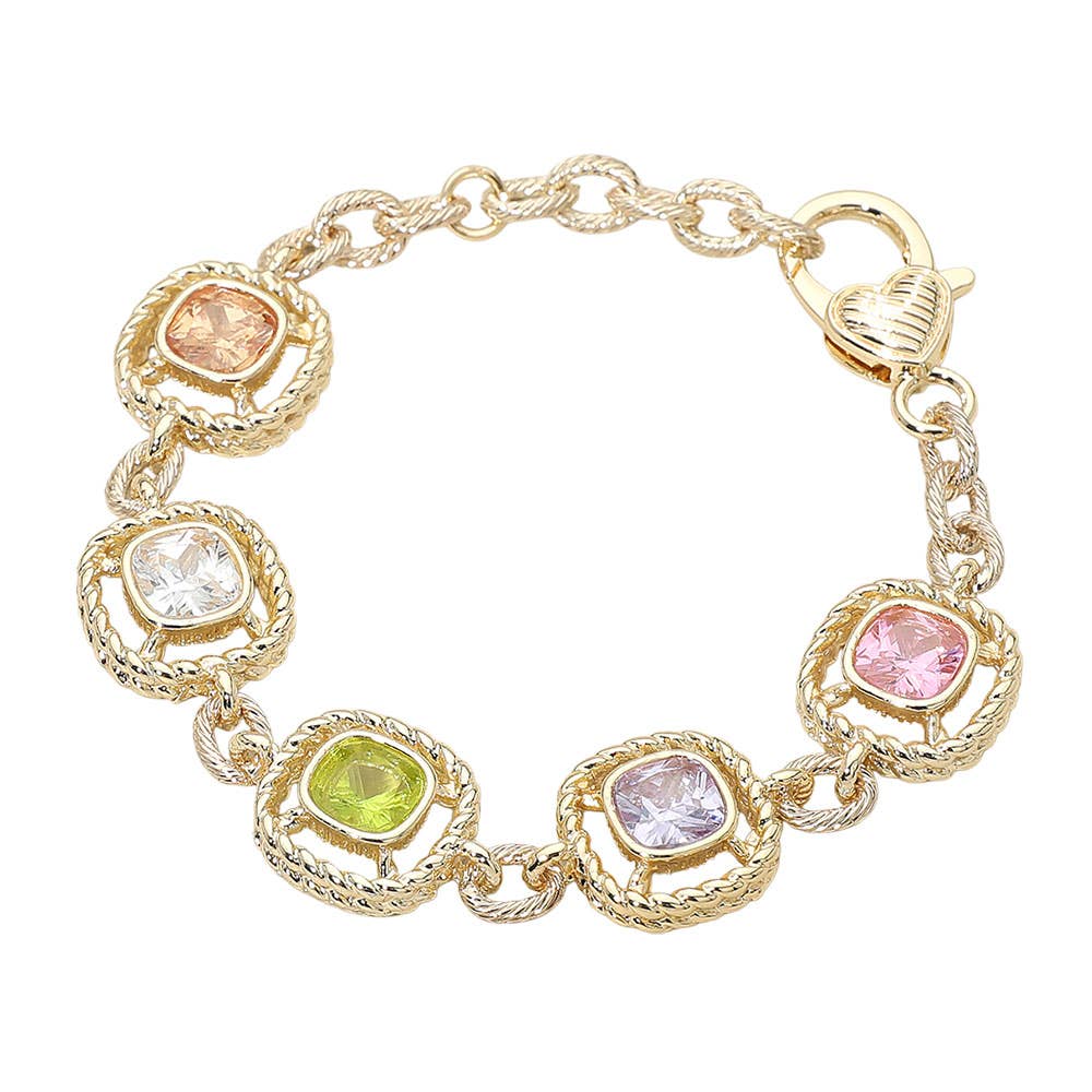 Sensibling Corp. - 14K Gold Plated Multi Color Square CZ Stone Cushion Link Bracelet