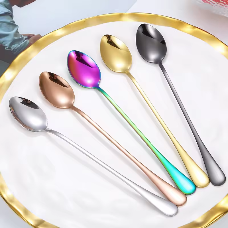 Sostraw & SmartThings - Long Spoon - 2 shapes - 4 colors - Coffee, Tea, Ice cream: Silver / Pointed Head