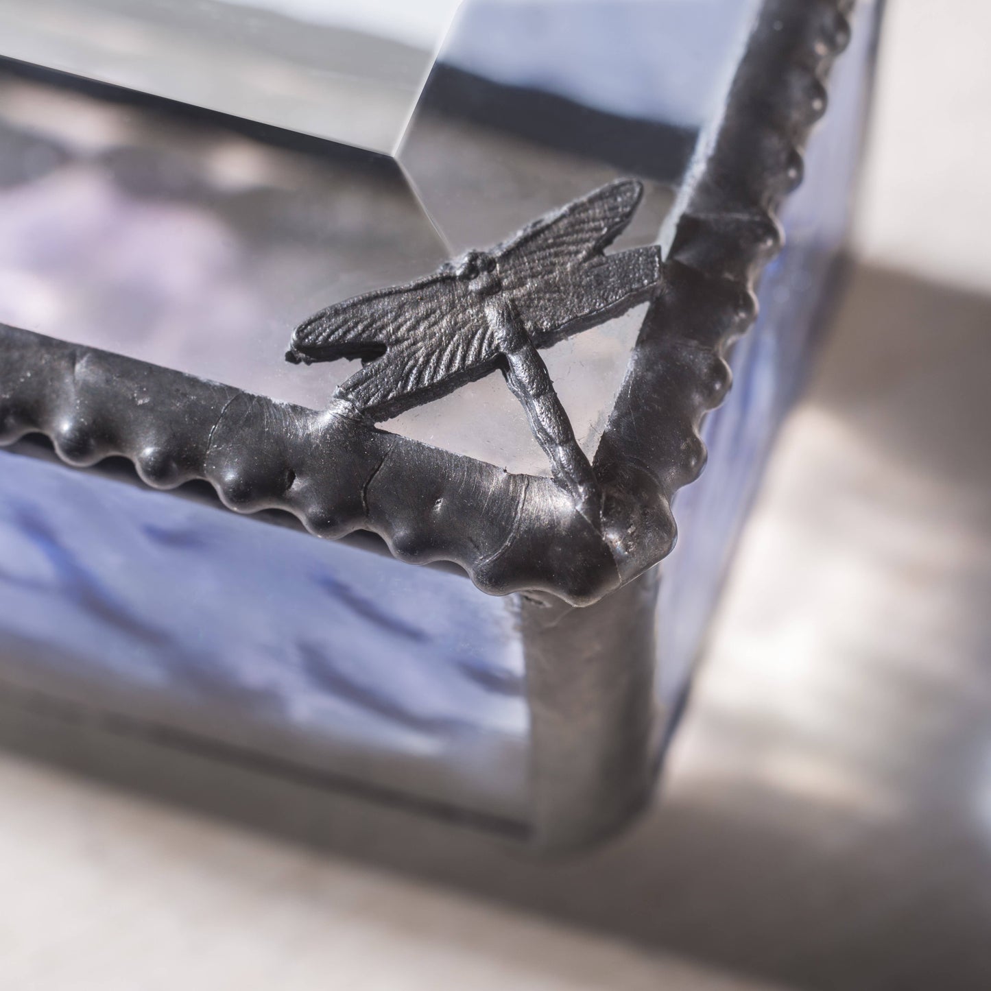 J Devlin Glass Art & Bert Anderson Collection - Blue Glass Box with Dragonfly Filigree - Box 923