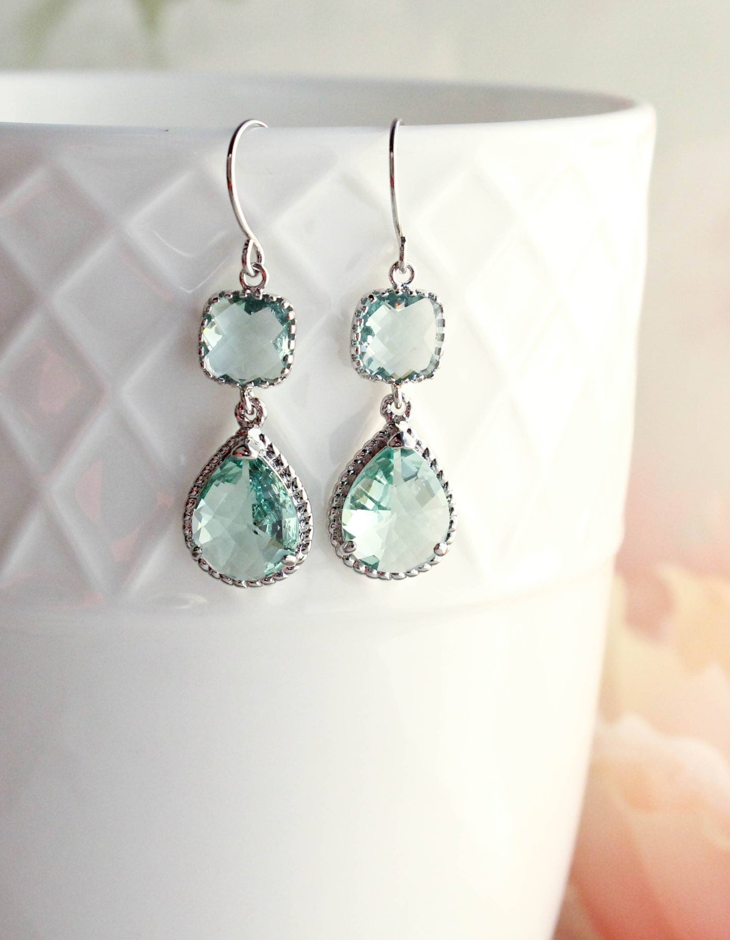 A Pocket of Posies - Aqua Erinite Glass Dangle Earrings - Two Jewel Teardrop