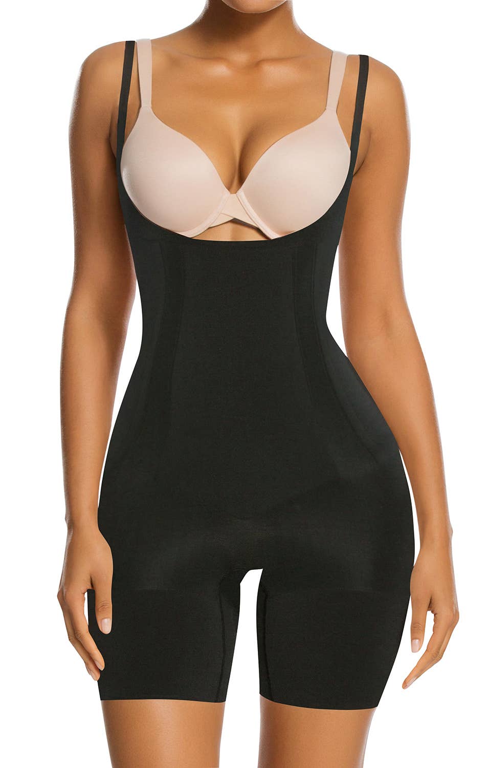 SHAPERX - SHAPERX Open-Bust Mid-Thigh Bodysuit shapewear: S / Beige