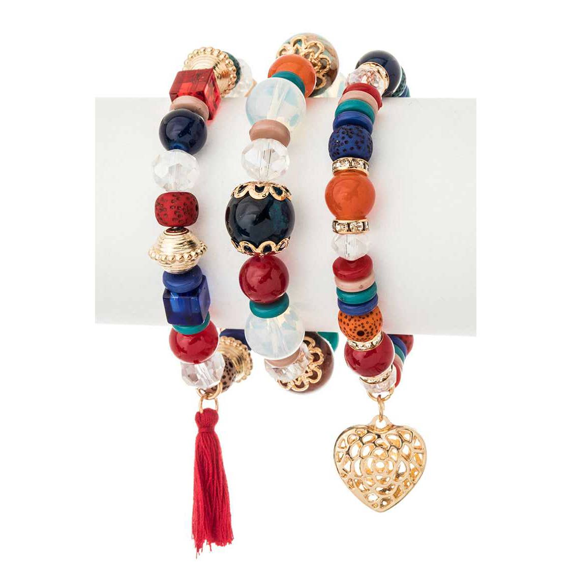 Artini Accessories - Heart Charm Stretch Bracelet Set: Brown