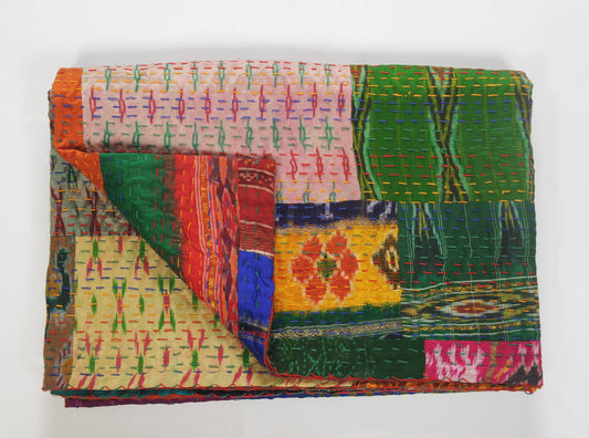 LR Home - Traditional Patola Kantha Throw Blanket: Multi