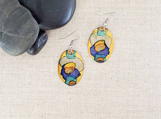 Covaly Artisan Jewelry - Alcohol Ink Small Oval Earrings: Blue/Browns