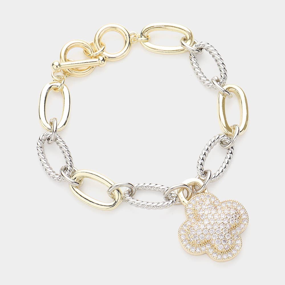 Sensibling Corp. - 14K Gold Plated CZ Stone Paved Quatrefoil Charm Bracelet: Mother of Pearl