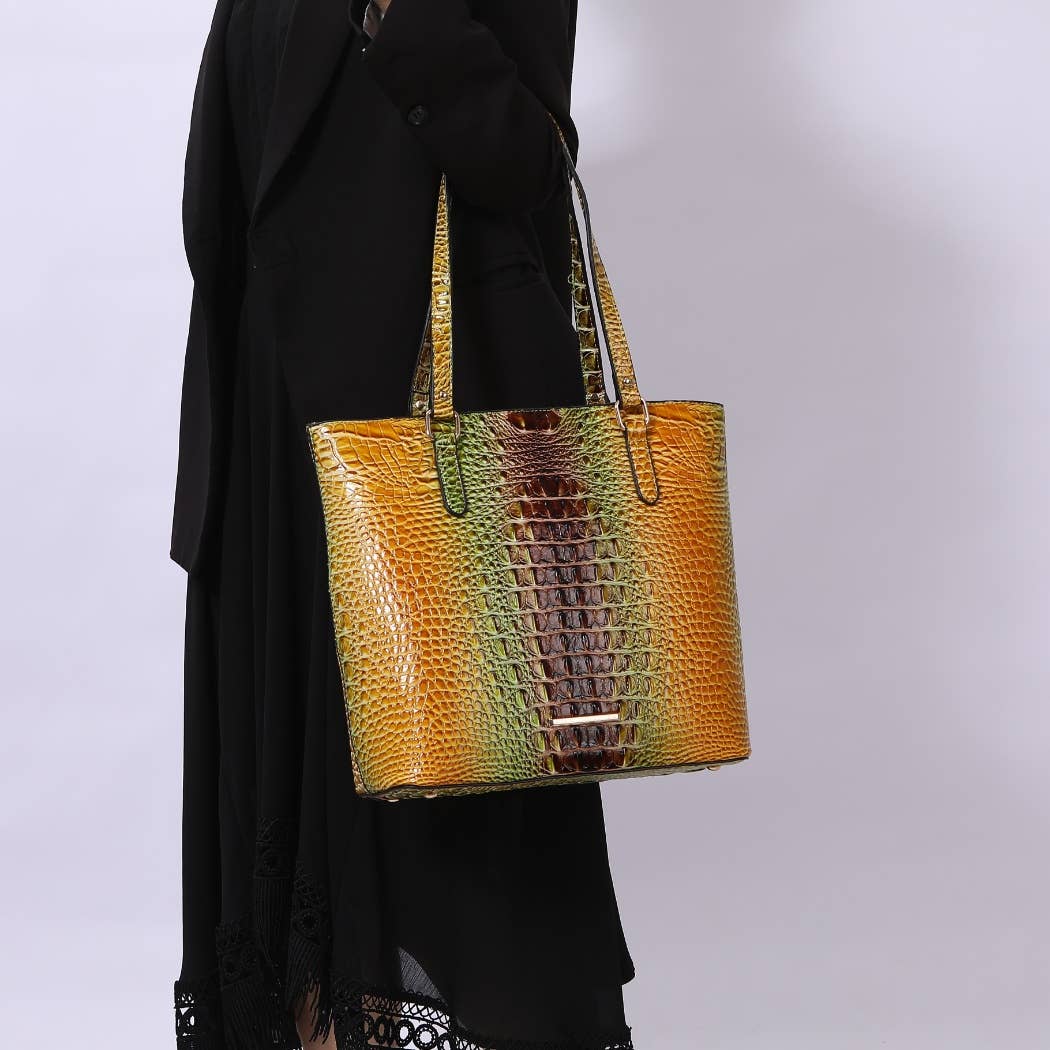 MKF Collection - MKF Piper Gradient Rainbow Embossed Tote Bag & Wallet: Brown