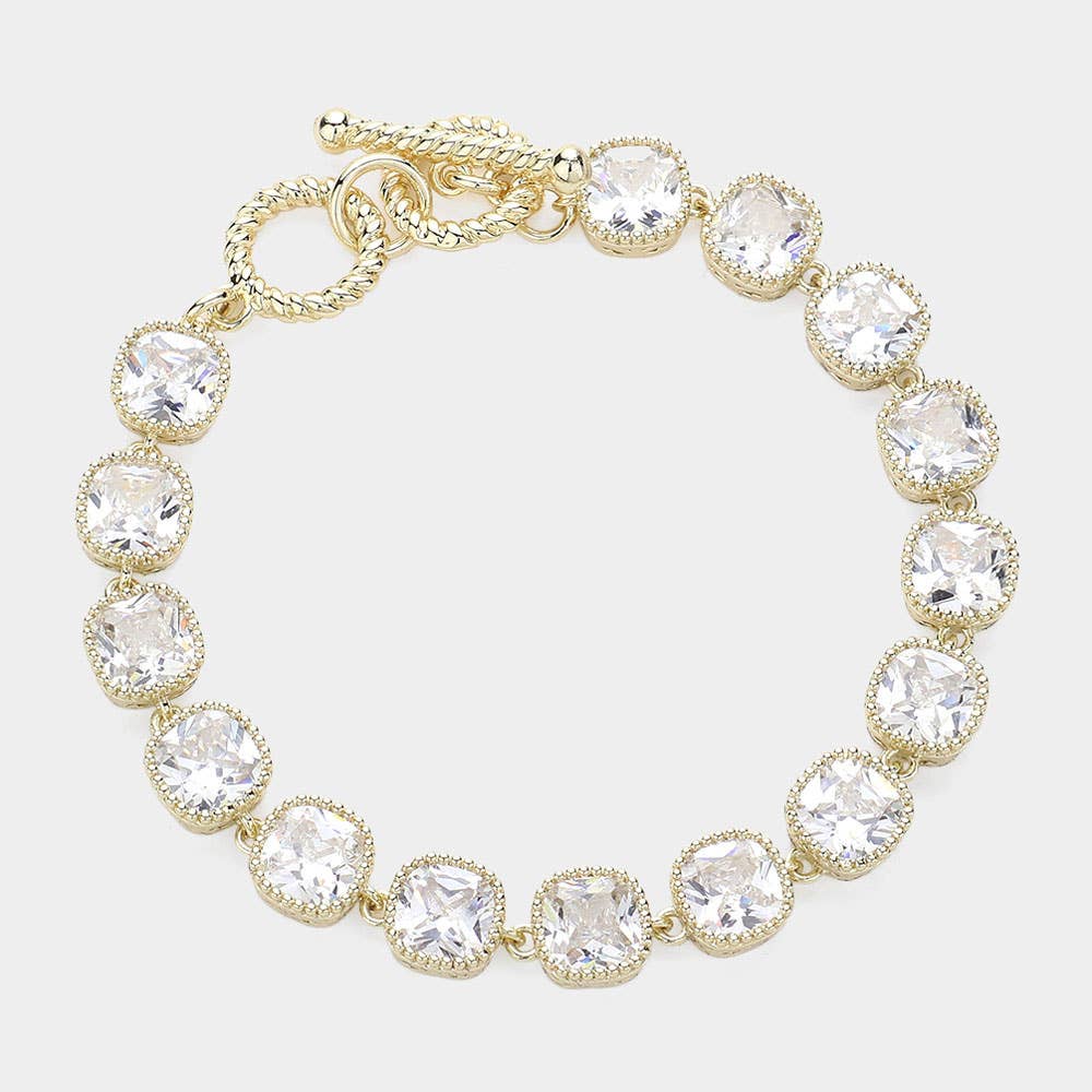 Sensibling Corp. - 14K Gold Plated Square CZ Stone Link Evening Toggle Bracelet: SILVER CLEAR