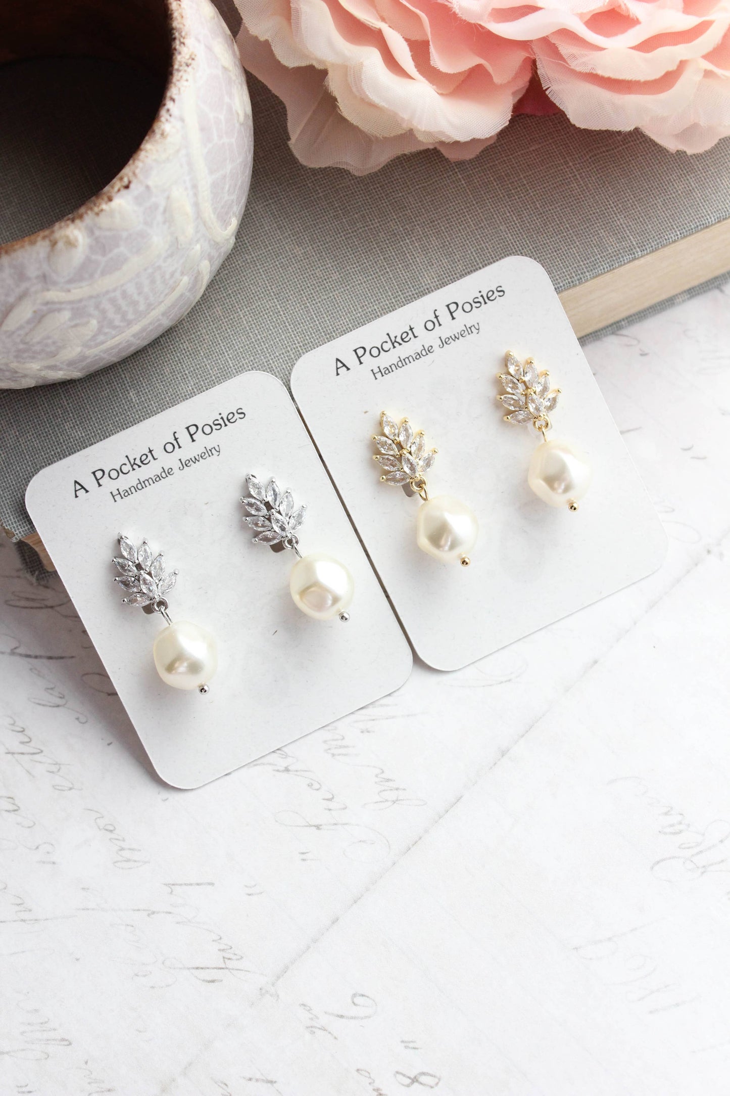 A Pocket of Posies - Glass Leaf Post Earrings | Baroque Pearl | Gold or Silver: Gold Plated