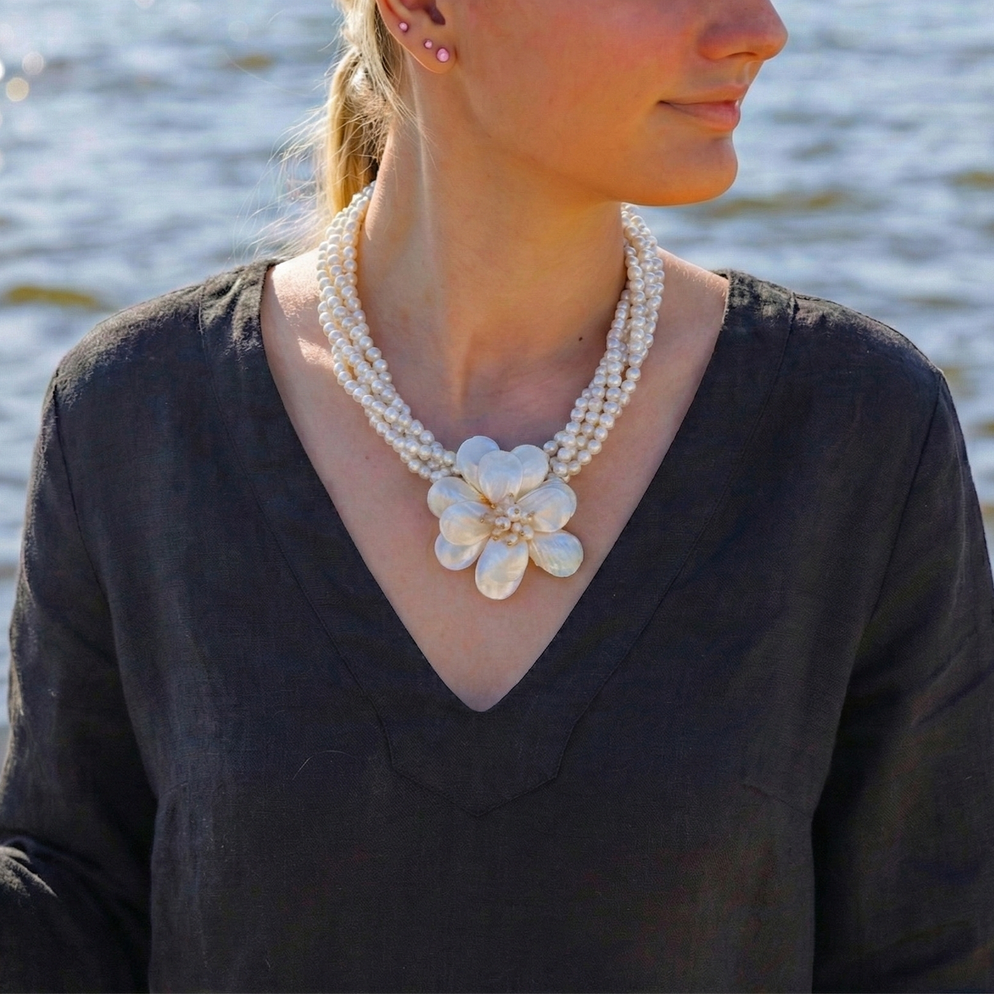 Bijoux Envie Statement Jewelry - Mother of Pearl Flower Necklace | Handmade Statement Jewelry