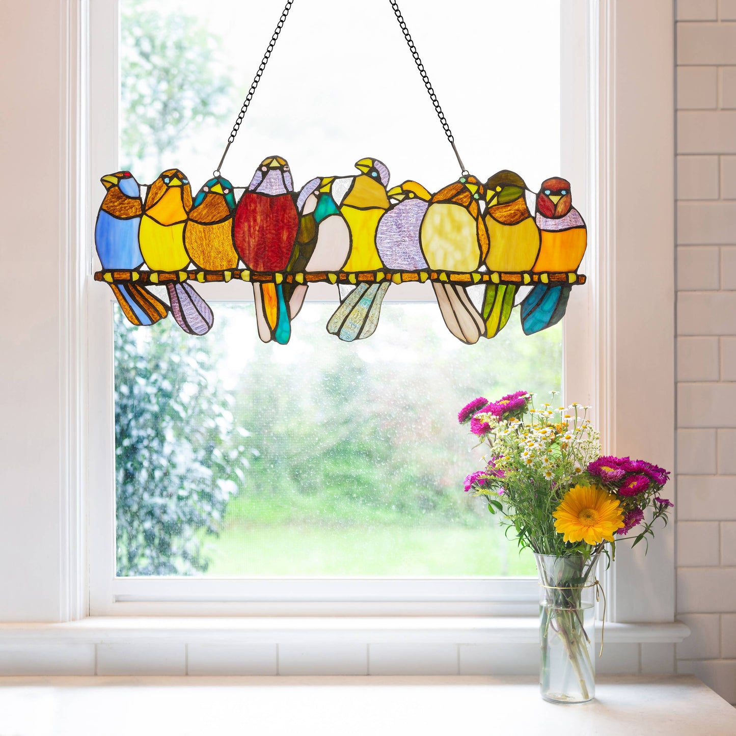 River of Goods - 9.5"H Marisol Multicolor Birds Stained Glass Window Panel