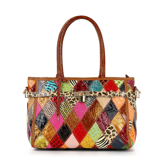 Handbag Express - Genuine Leather Colorful Belted Tote Handbag: Multi