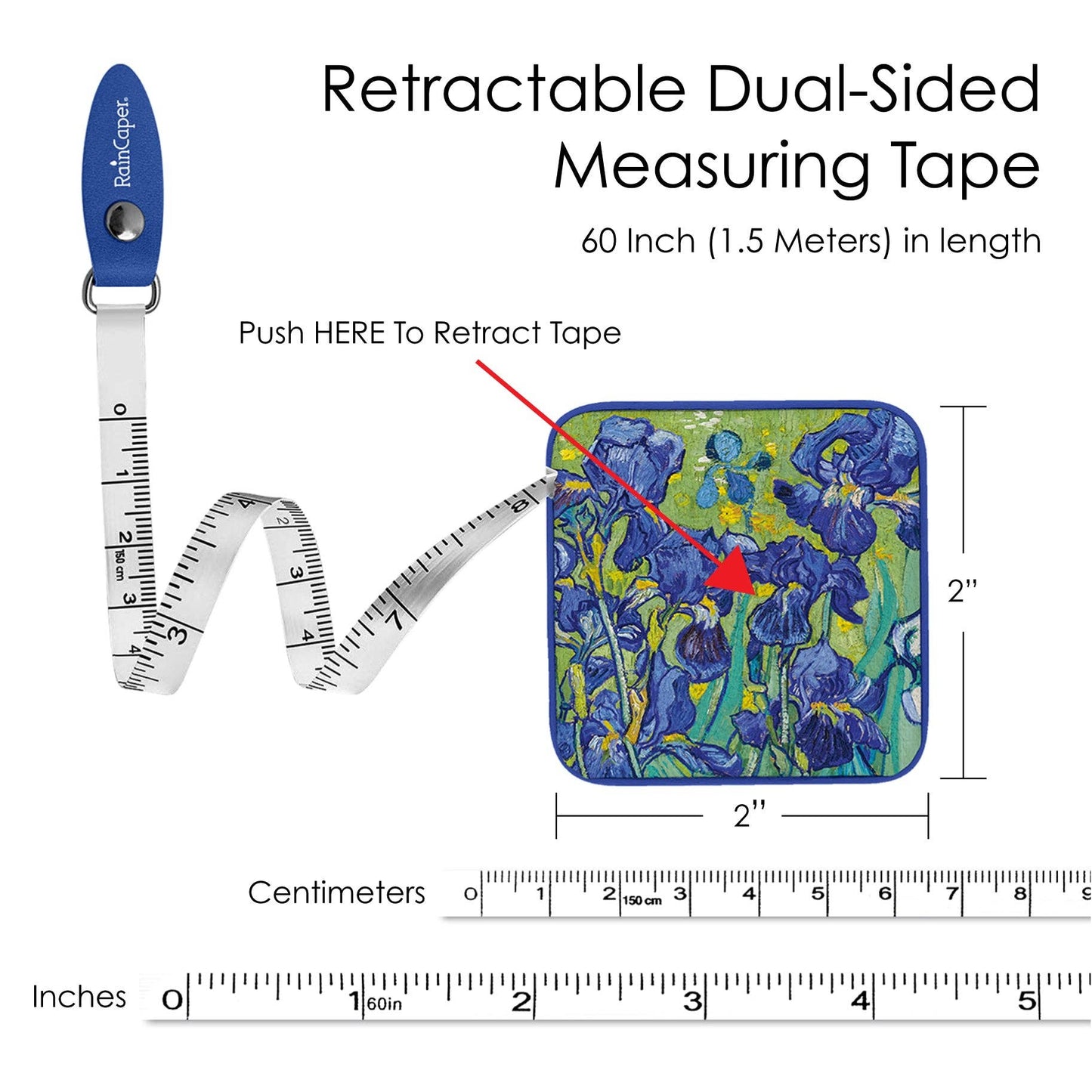 RainCaper - Van Gogh "Irises" Compact Retractable Tape Measure – Dual-Sided, 60"/150cm