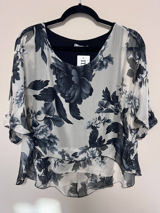 Dance in Paris - New Top-Italian Print Silk with Front Bottom Layers: Beige/Black