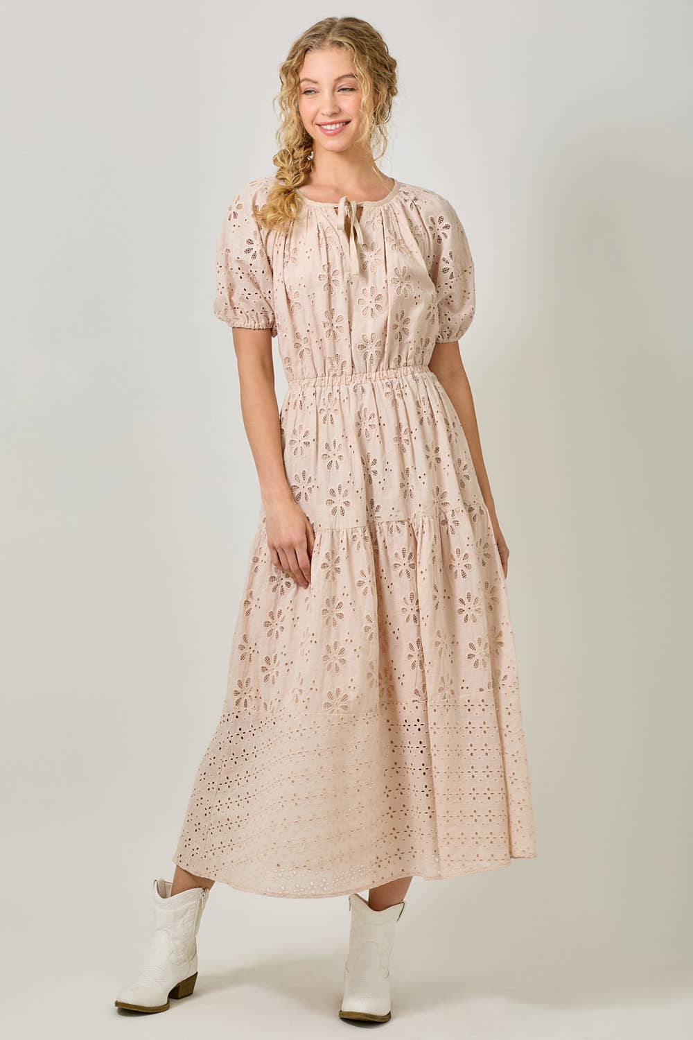 Mystree - 61037 Puff Sleeve Tiered Eyelet Dress: Ivory / Small