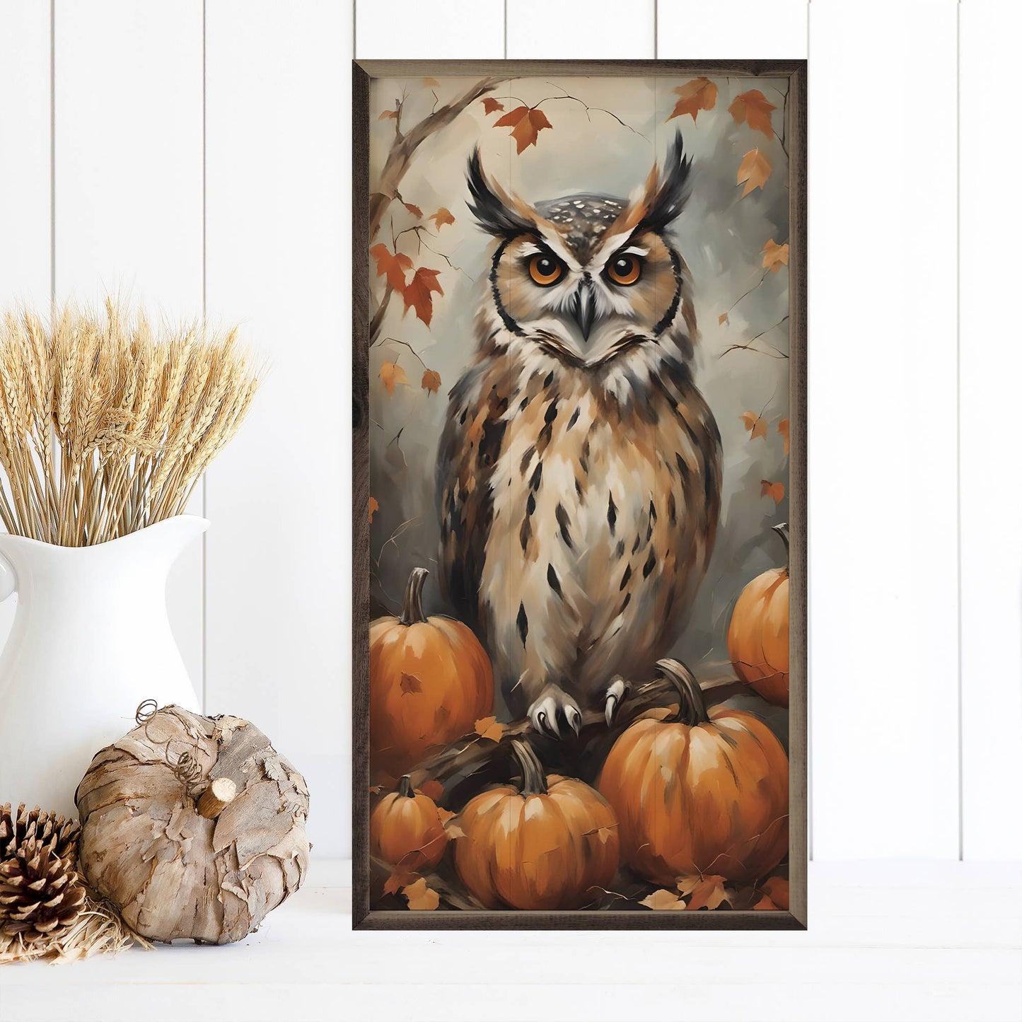 Kendrick Home - Owl With Pumpkins: 12 x 24 x 1.5