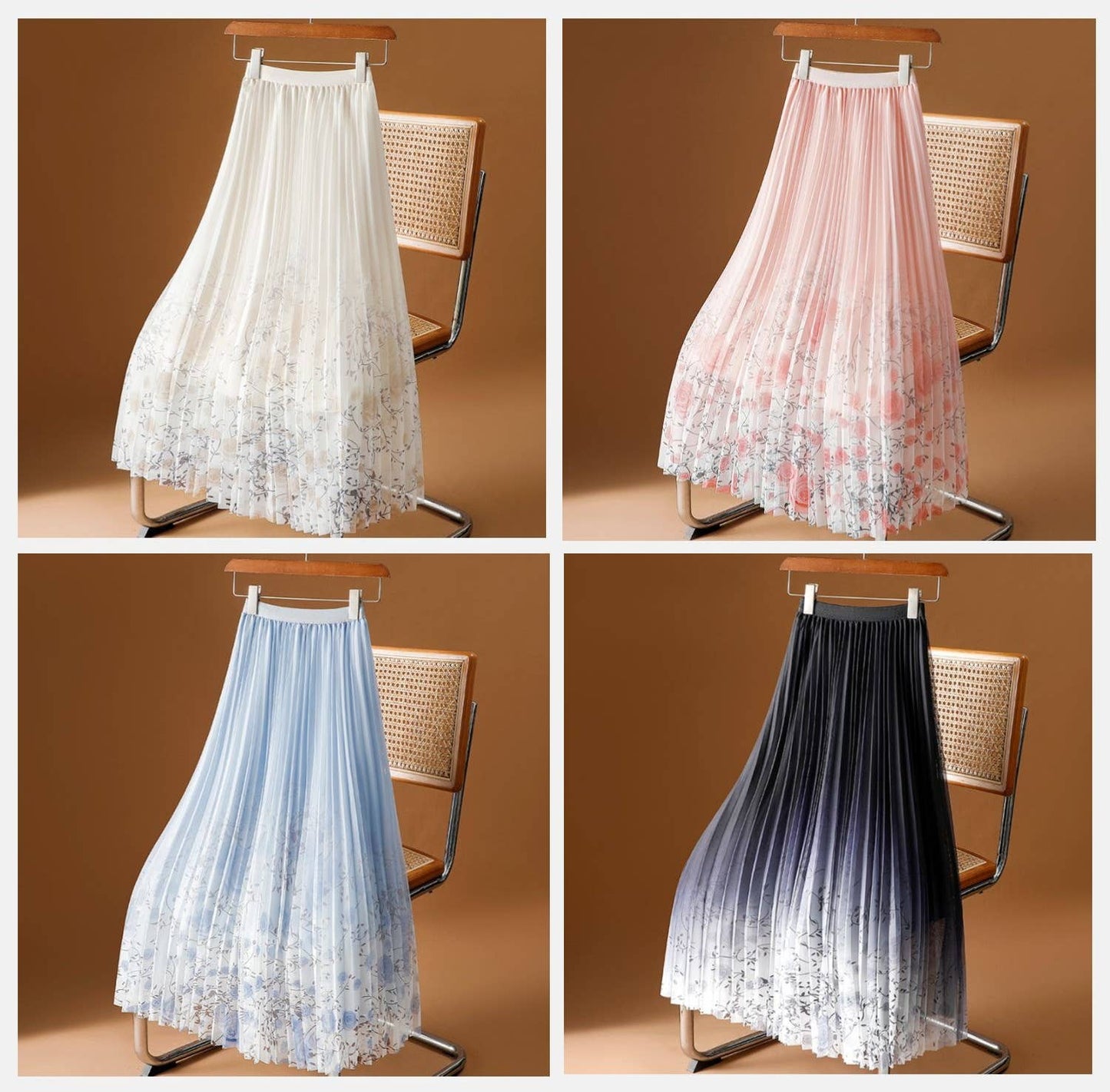 PEACH ACCESSORIES - Roses Flowers Pleated Midi Skirt SK204: Blue