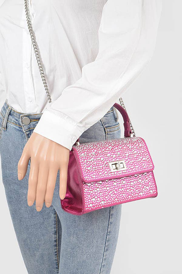 Shop Neighbors - Hot Fix Stones Metallic Top Handle Bag: SILVER