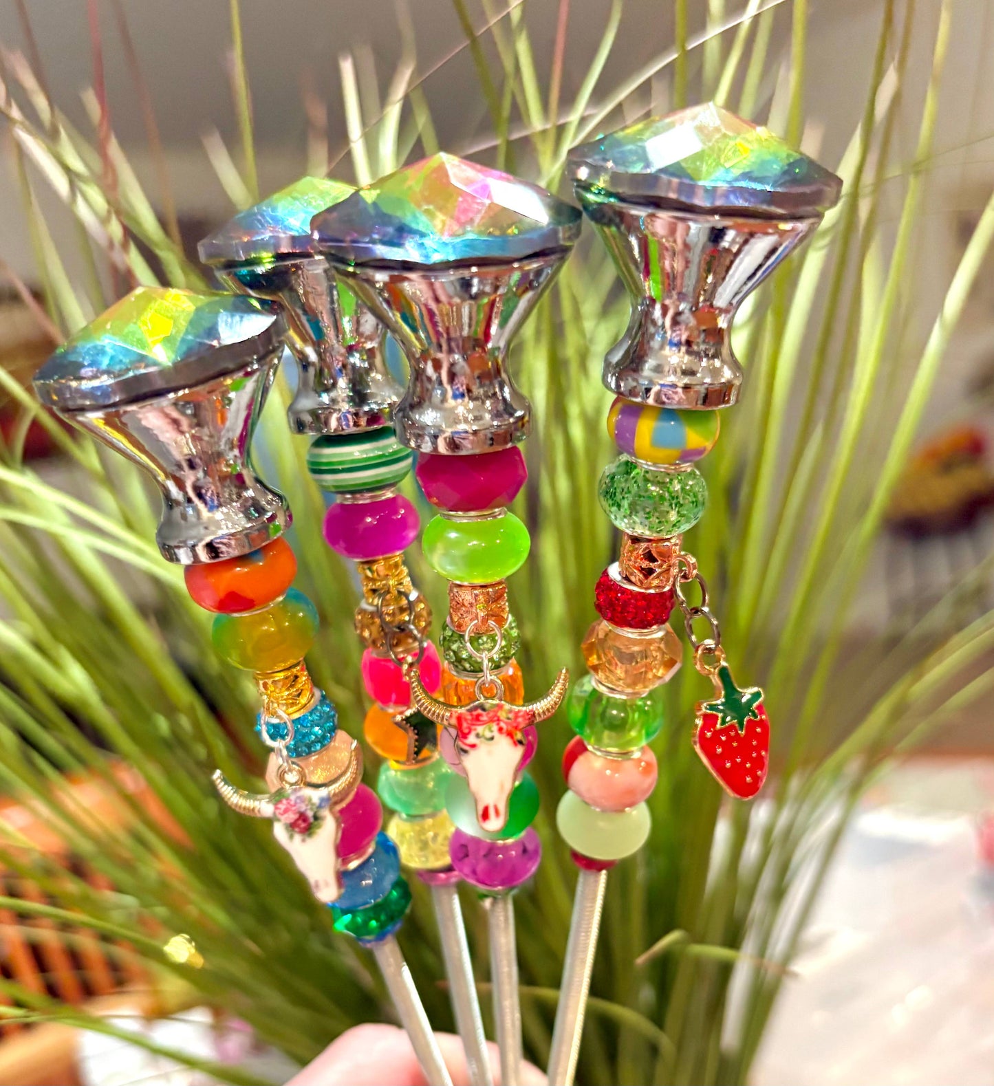 Sea of Bliss Shop - Fairy Garden Plant Stakes, Sun Catcher, Handcrafted: Orange / No Charm / 13 inch
