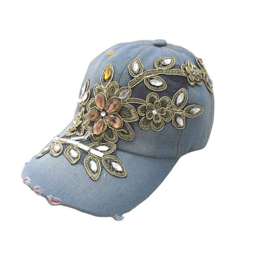 MKS America - Trendy Flower Hot Rhinestone Cowboy Baseball Cap: LightBlue / M